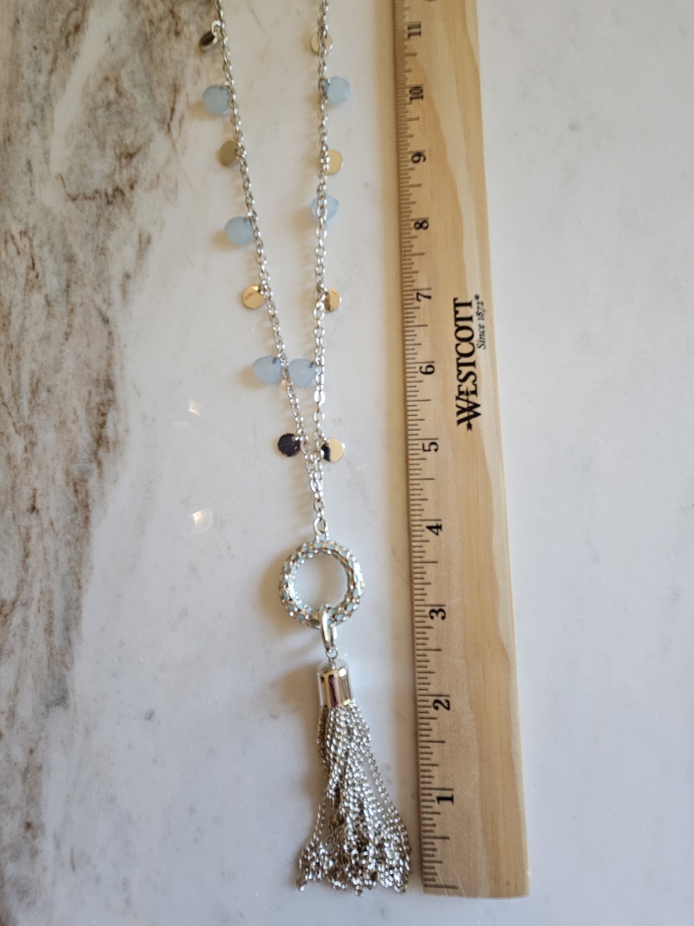 Talbots Silver Tassel Necklace with Light Blue Stone Accents
